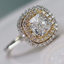 Load image into Gallery viewer, Natural double diamond halo with lab grown cushion diamond ring in 14k