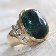 Load image into Gallery viewer, Estate green tourmaline and diamond ring in 14k yellow gold