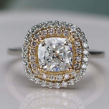 Load image into Gallery viewer, Natural double diamond halo with lab grown cushion diamond ring in 14k