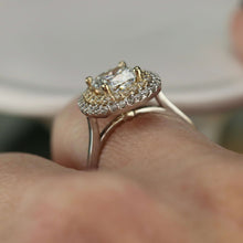 Load image into Gallery viewer, Natural double diamond halo with lab grown cushion diamond ring in 14k