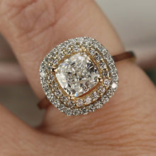 Load image into Gallery viewer, Natural double diamond halo with lab grown cushion diamond ring in 14k