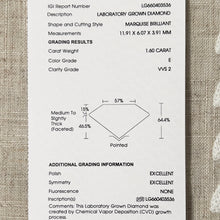 Load image into Gallery viewer, The Persephone - 1.60ct E/VVS2 Marquise lab grown diamond ring