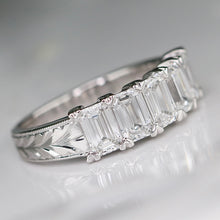 Load image into Gallery viewer, The Anais - Hand engraved Lab grown 2.25ctw 5 stone emerald cut diamond band ring in 14k white gold