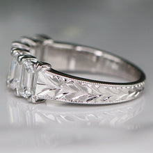 Load image into Gallery viewer, The Anais - Hand engraved Lab grown 2.25ctw 5 stone emerald cut diamond band ring in 14k white gold