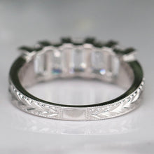 Load image into Gallery viewer, The Anais - Hand engraved Lab grown 2.25ctw 5 stone emerald cut diamond band ring in 14k white gold