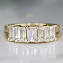 Load image into Gallery viewer, RESERVED: PAYMENT 3 OF 10: The Anais - Hand engraved Lab grown 2.25ctw 5 stone emerald cut diamond band ring in 14k yellow gold
