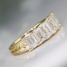 Load image into Gallery viewer, RESERVED: PAYMENT 3 OF 10: The Anais - Hand engraved Lab grown 2.25ctw 5 stone emerald cut diamond band ring in 14k yellow gold