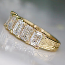 Load image into Gallery viewer, RESERVED: PAYMENT 3 OF 10: The Anais - Hand engraved Lab grown 2.25ctw 5 stone emerald cut diamond band ring in 14k yellow gold