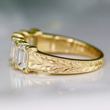 Load image into Gallery viewer, RESERVED: PAYMENT 3 OF 10: The Anais - Hand engraved Lab grown 2.25ctw 5 stone emerald cut diamond band ring in 14k yellow gold