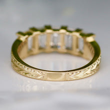 Load image into Gallery viewer, RESERVED: PAYMENT 3 OF 10: The Anais - Hand engraved Lab grown 2.25ctw 5 stone emerald cut diamond band ring in 14k yellow gold