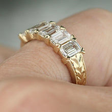 Load image into Gallery viewer, RESERVED: PAYMENT 3 OF 10: The Anais - Hand engraved Lab grown 2.25ctw 5 stone emerald cut diamond band ring in 14k yellow gold