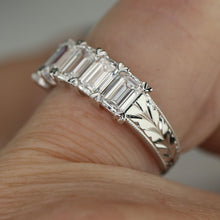 Load image into Gallery viewer, The Anais - Hand engraved Lab grown 2.25ctw 5 stone emerald cut diamond band ring in 14k white gold