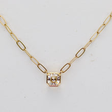 Load image into Gallery viewer, RETIREMENTS SALE: Asscher shaped 5mm Moissanite bezel paperclip necklace in 14k yellow gold