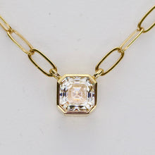 Load image into Gallery viewer, RETIREMENTS SALE: Asscher shaped 5mm Moissanite bezel paperclip necklace in 14k yellow gold