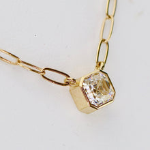 Load image into Gallery viewer, RETIREMENTS SALE: Asscher shaped 5mm Moissanite bezel paperclip necklace in 14k yellow gold