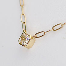 Load image into Gallery viewer, RETIREMENTS SALE: Asscher shaped 5mm Moissanite bezel paperclip necklace in 14k yellow gold
