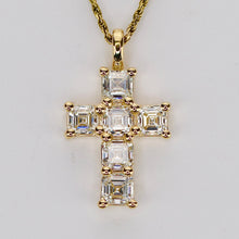 Load image into Gallery viewer, 2ctw Asscher shaped lab grown diamond cross pendant in 14k yellow gold