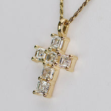 Load image into Gallery viewer, 2ctw Asscher shaped lab grown diamond cross pendant in 14k yellow gold