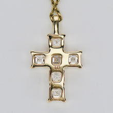 Load image into Gallery viewer, 2ctw Asscher shaped lab grown diamond cross pendant in 14k yellow gold