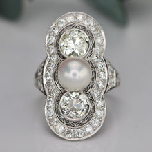 Load image into Gallery viewer, Estate vintage old european cut diamond and pearl ring in platinum