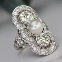 Load image into Gallery viewer, Estate vintage old european cut diamond and pearl ring in platinum