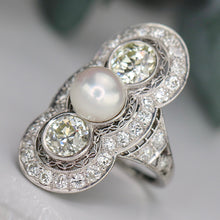 Load image into Gallery viewer, Estate vintage old european cut diamond and pearl ring in platinum