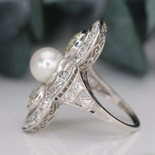 Load image into Gallery viewer, Estate vintage old european cut diamond and pearl ring in platinum
