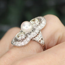 Load image into Gallery viewer, Estate vintage old european cut diamond and pearl ring in platinum