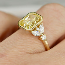 Load image into Gallery viewer, The Soleil: Fully custom lab grown yellow radiant 3.05ct diamond ring in 14k yellow gold