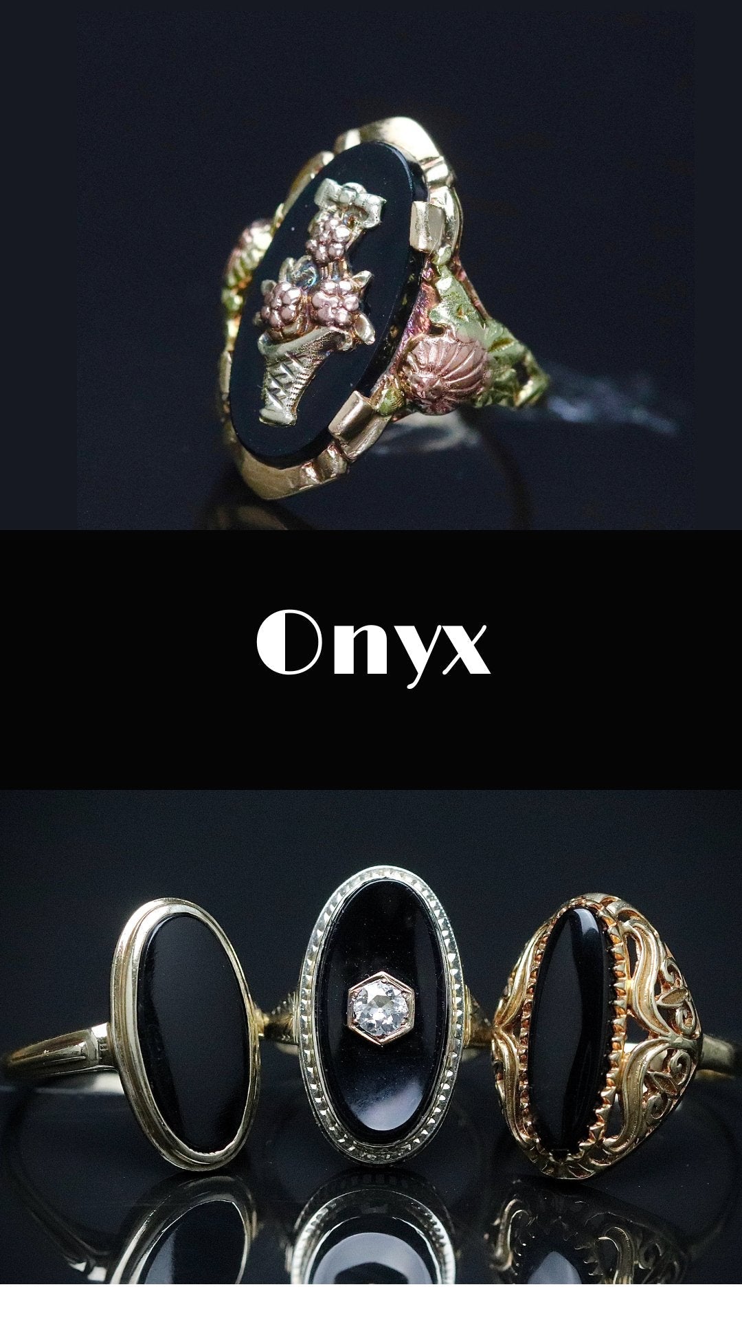 Vintage onyx rings in gold and platinum