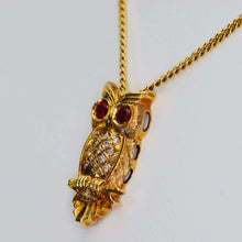 Load image into Gallery viewer, Estate owl necklace with rubies and diamonds in 18k yellow gold from Manor Jewels