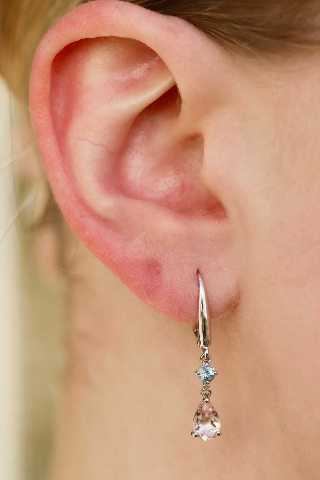Aquamarine and morganite earrings in 10k white gold