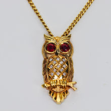Load image into Gallery viewer, Ruby and diamond studded Owl necklace in 18k yellow gold