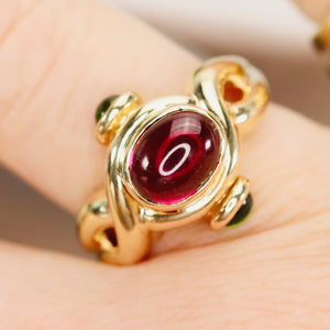 Pink and green cabochon tourmaline ring in 14k yellow gold