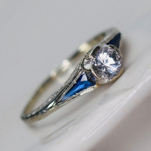 Art Deco synthetic Sapphire ring in 14k white gold