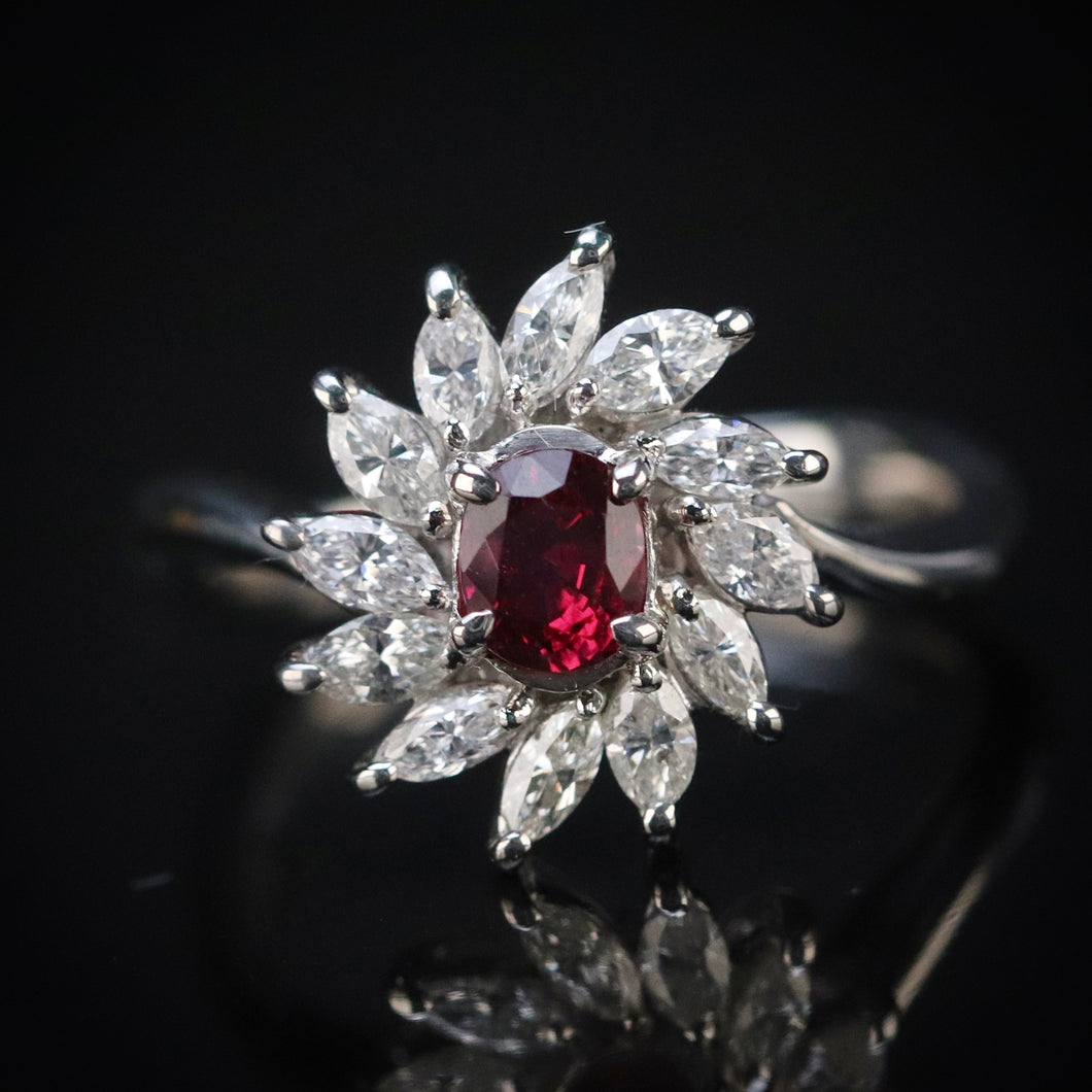 Estate ruby and diamond cluster ring in platinum from Manor Jewels