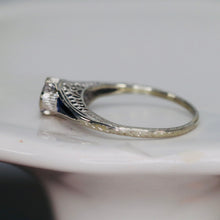 Load image into Gallery viewer, Art Deco synthetic Sapphire ring in 14k white gold
