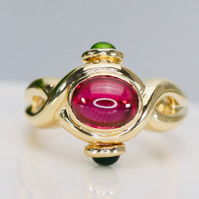 Pink and green cabochon tourmaline ring in 14k yellow gold