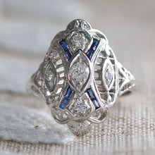 Load image into Gallery viewer, Detailed Vintage OMC diamond and sapphire plaque ring in 14k white gold *onyx deal*
