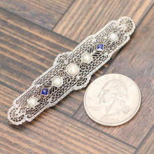Load image into Gallery viewer, Large filigree brooch in 14k white gold with pearls