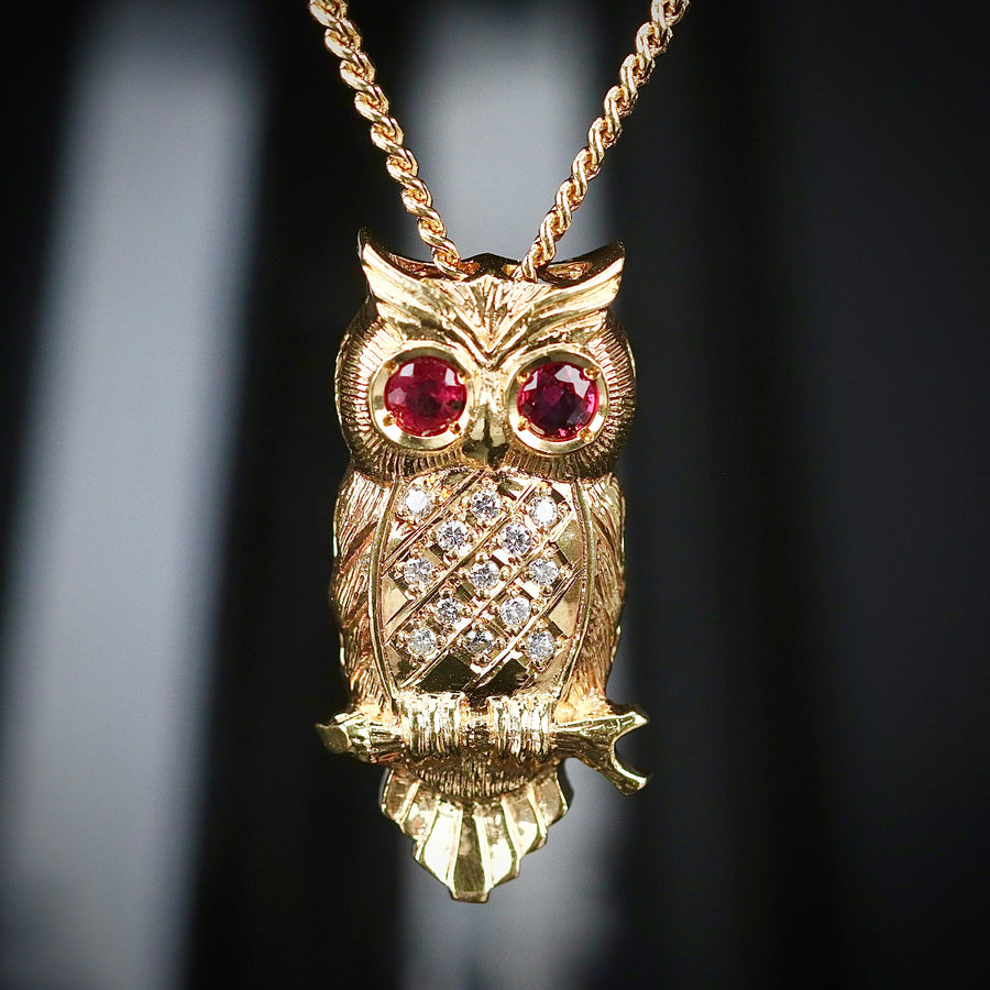Estate owl necklace with rubies and diamonds in 18k yellow gold from Manor Jewels