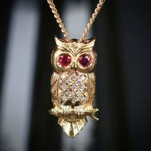 Load image into Gallery viewer, Estate owl necklace with rubies and diamonds in 18k yellow gold from Manor Jewels