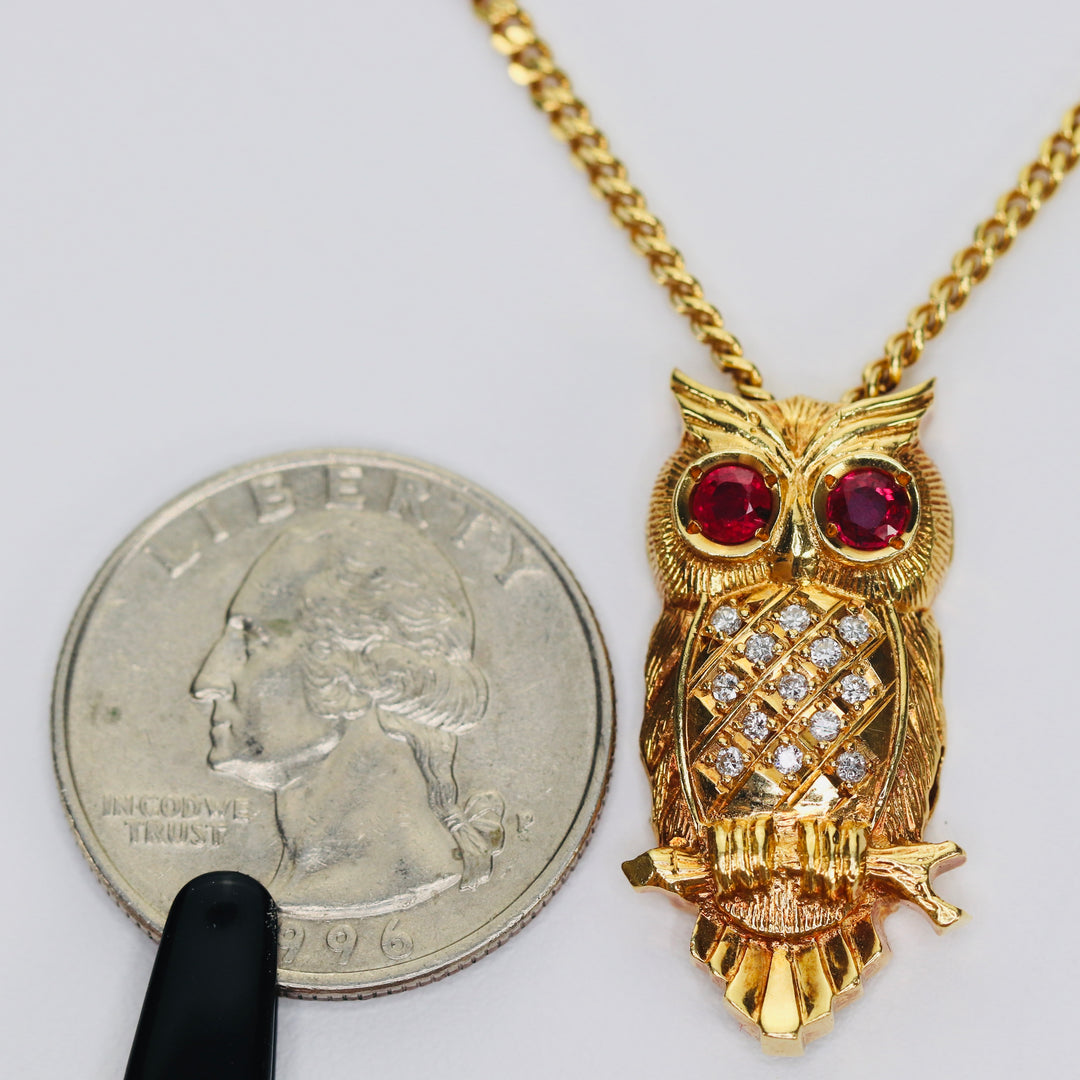 Estate owl necklace with rubies and diamonds in 18k yellow gold from Manor Jewels
