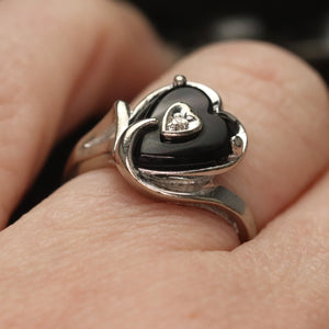 Vintage heart shaped onyx and diamond ring in white gold