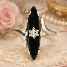 Load image into Gallery viewer, Vintage navette onyx and diamond ring in white gold