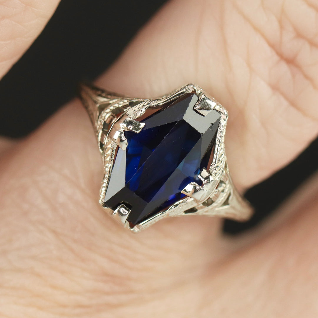 Vintage synthetic blue sapphire ring in 18k white gold from Manor Jewels
