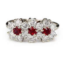 Load image into Gallery viewer, 40% OFF!  Estate vintage triple cluster ruby and diamond ring in 18k white gold
