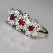 Load image into Gallery viewer, 40% OFF!  Estate vintage triple cluster ruby and diamond ring in 18k white gold