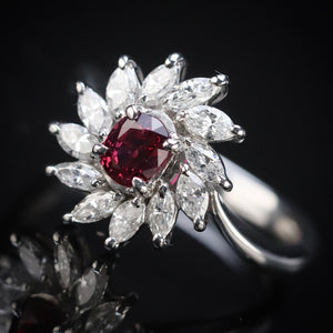 Estate ruby and diamond cluster ring in platinum from Manor Jewels