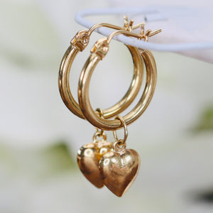 Removable heart drop hoop earrings in 14k yellow gold